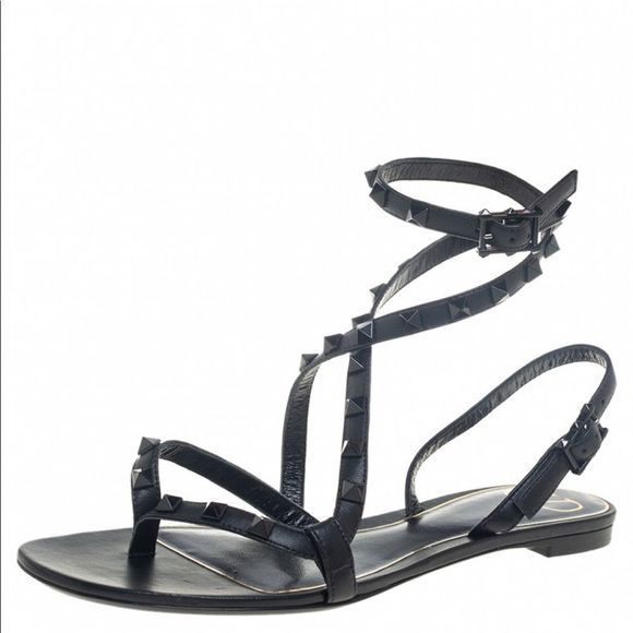 Valentino Rockstud Flair flat sandal TW0S0X47 black leather black studs size 38 - Picture 1 of 15